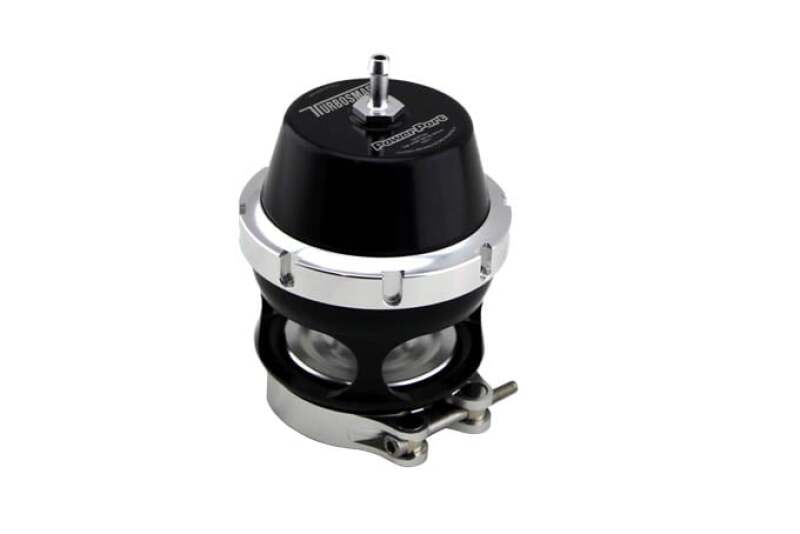Turbosmart BOV Power Port in black, angled view showing top nipple, clamp and base flange
