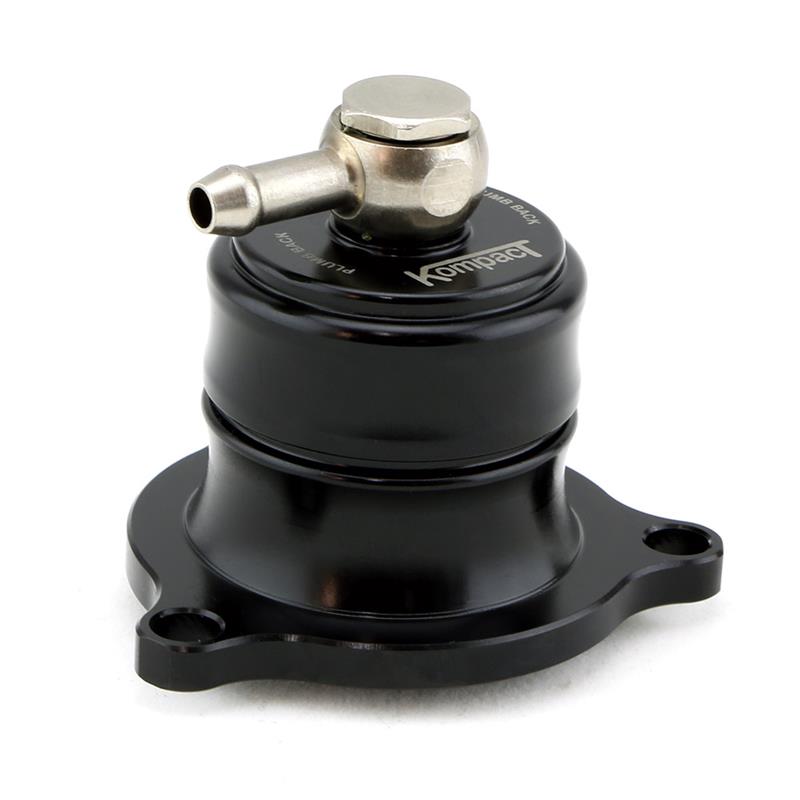 Turbosmart Kompact VR09 plumb back BOV, angled view showing black body, elbow fitting, mounting flange