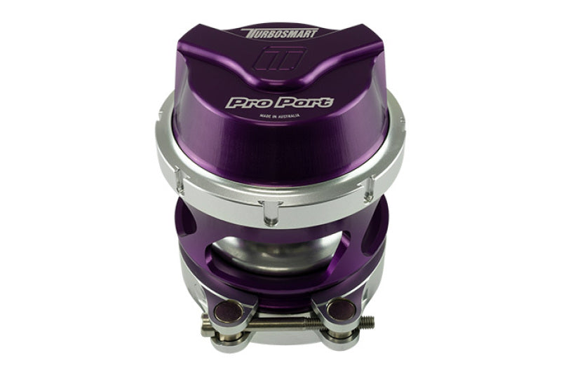 Turbosmart GenV 54mm ProPort blow off valve in purple, front angle view showing top cap and clamp