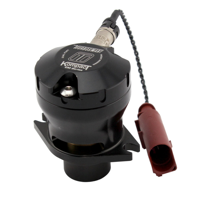 Turbosmart Kompact EM dual port BOV, black valve body with red electrical connector plug and mounting flange