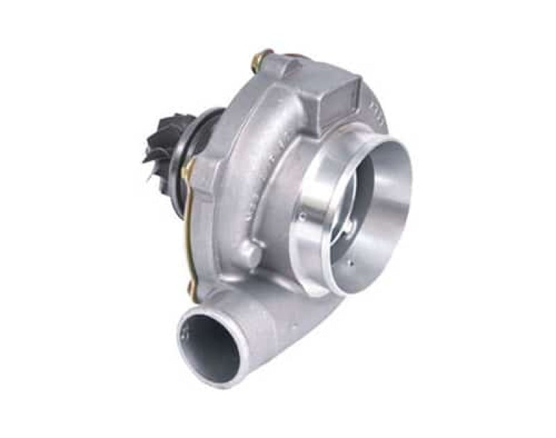 Garrett GT3076R Super Core CHRA turbo, side angle view showing compressor housing, inlet and outlet ports, actuator