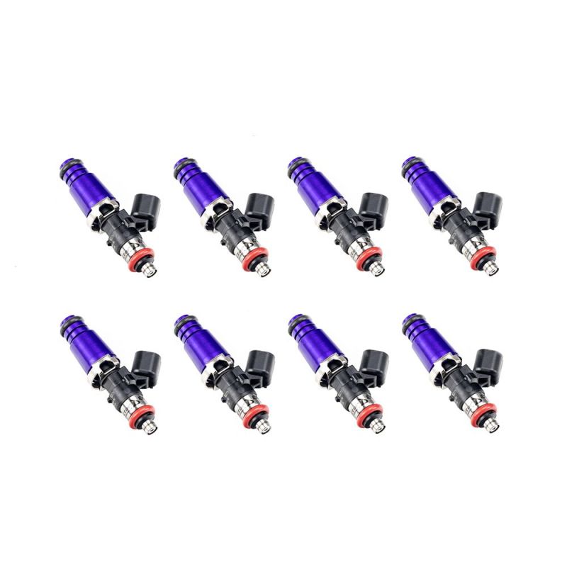 Set of 8 Injector Dynamics 1340cc fuel injectors, purple tops, black connectors, angled view