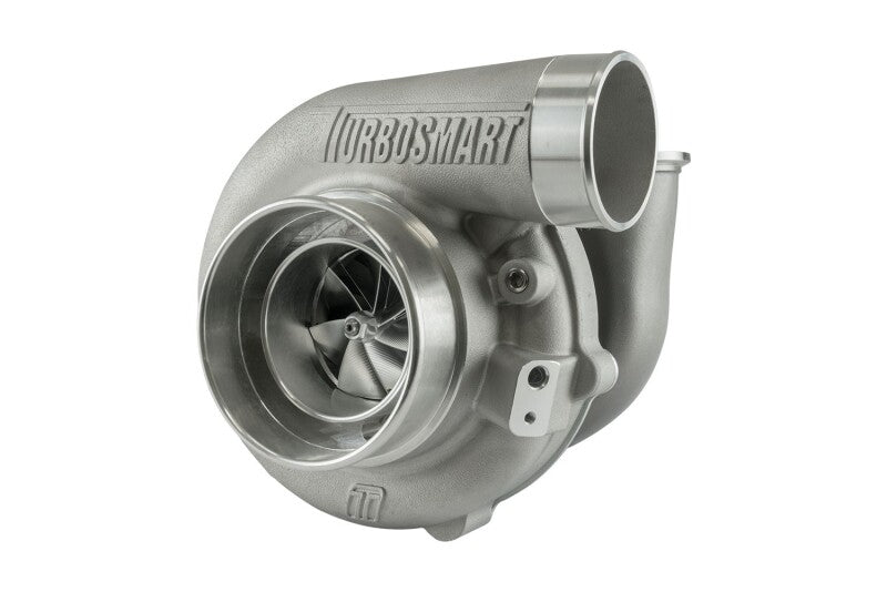Turbosmart TS-1 6466 turbocharger, front angle view showing compressor wheel, V-band outlet and housing