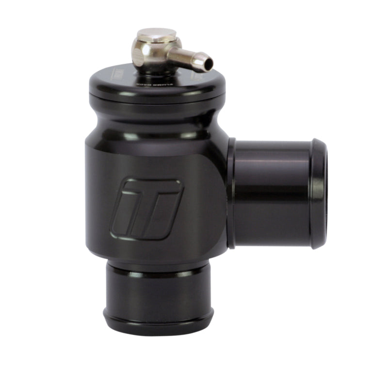 Turbosmart BOV Kompact Plumb Back 34mm, black anodized body with side and bottom ports, angled top fitting