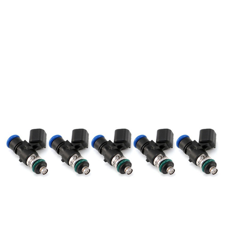 Set of five Injector Dynamics ID1050X fuel injectors, 34mm body, black tops with blue connectors, front angled view.