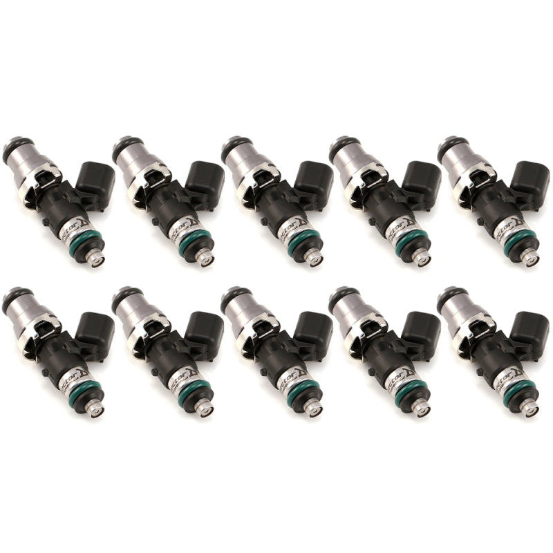 Injector Dynamics ID1050X fuel injectors, set of 10, front view showing 14mm grey adaptor tops and green O-rings