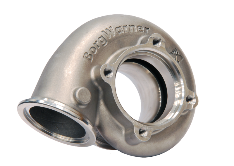 BorgWarner SX S300 compressor cover, cast metal turbo housing with bolt flanges, angled three quarter view