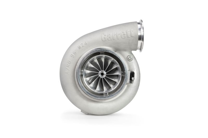 Garrett G57-2000 88mm .88 A/R Super Core turbo, side angle showing compressor wheel, wastegate port and cast housing