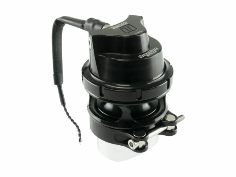 Turbosmart BOV RacePort EM GenV Sleeper, angled view showing black housing, hose fitting, and mounting bracket