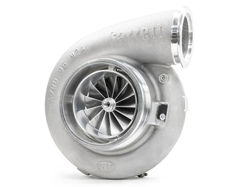 Garrett GTX5533R Super Core 85mm turbo, angled front view showing compressor wheel and housing