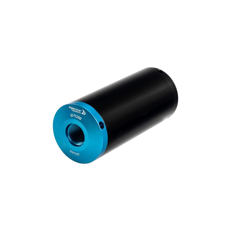 Injector Dynamics ID-F1250 fuel filter, angled view showing black body and blue outlet fitting end.