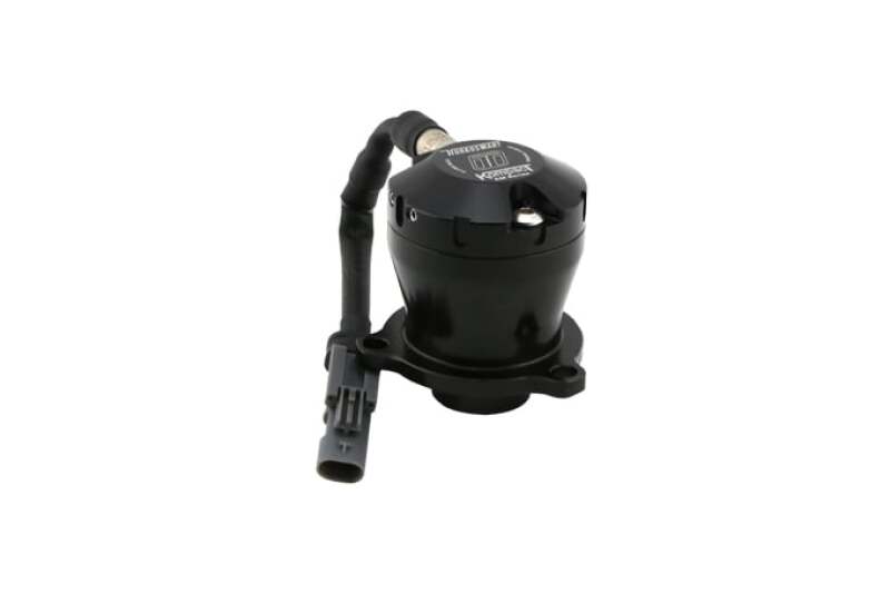Turbosmart BOV Kompact EM Plumb Back VR11 shown at an angle, black valve body with electrical connector and hose fitting visible.