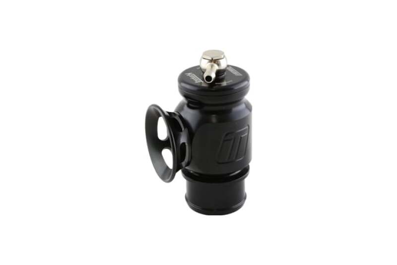 Turbosmart Kompact Supersonic BOV, black anodized body, side angle showing inlet flange and top adjuster