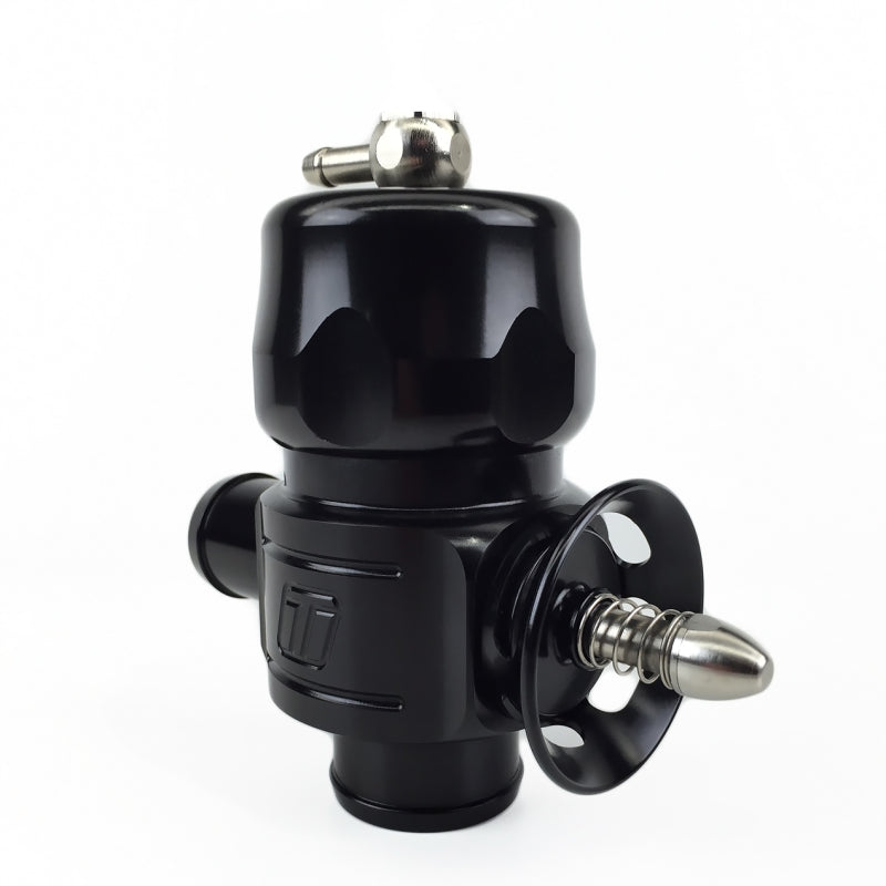 Turbosmart Subaru WRX Smart Port BOV in black, front angle showing vacuum fitting and flange port