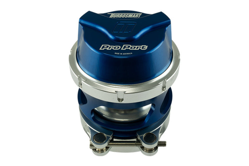 Turbosmart GenV 54mm ProPort blow off valve in blue, front angle view showing body and clamp ring