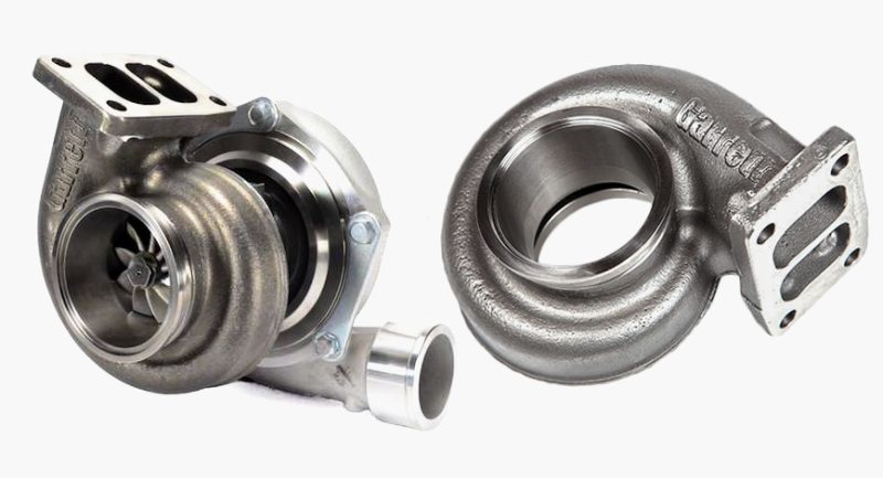 Garrett GTX3071R turbo assembly and separate Ni-Resist reverse turbine housing, showing V-band flanges and compressor wheel