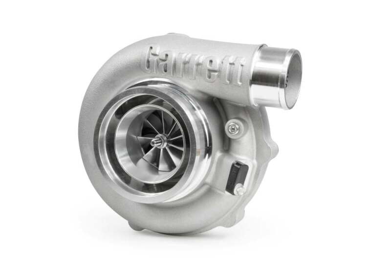 Garrett G35-990 G-Series II turbocharger, front angle view showing compressor wheel, v-band inlet and outlet.