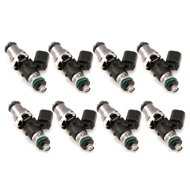Set of 8 Injector Dynamics ID1050X fuel injectors, 14mm grey adaptor tops, angled view showing o-rings and connectors