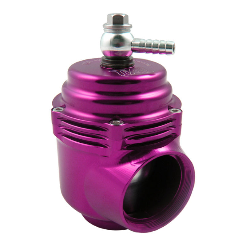 TiAL Sport QRJ BOV 1.5 PSI, purple anodized body, side view showing hose barb fitting and outlet flange