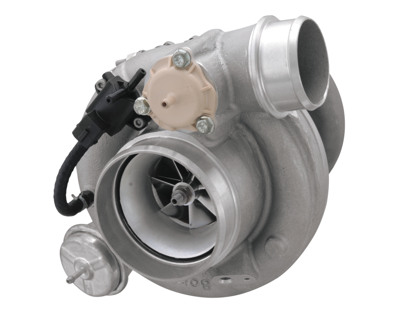 BorgWarner EFR 8374 turbo cartridge, front angle view showing compressor wheel, wastegate actuator and iron bearing housing