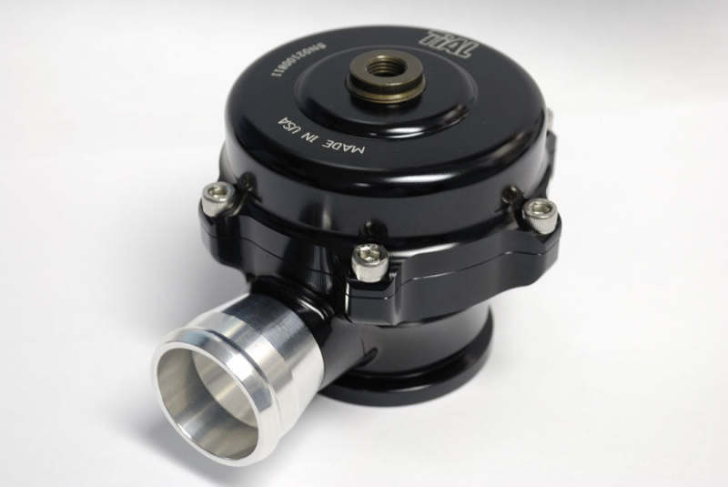 TiAL Sport QR BOV 29mm blow off valve, black body, side angle showing polished aluminum inlet and hex bolts.