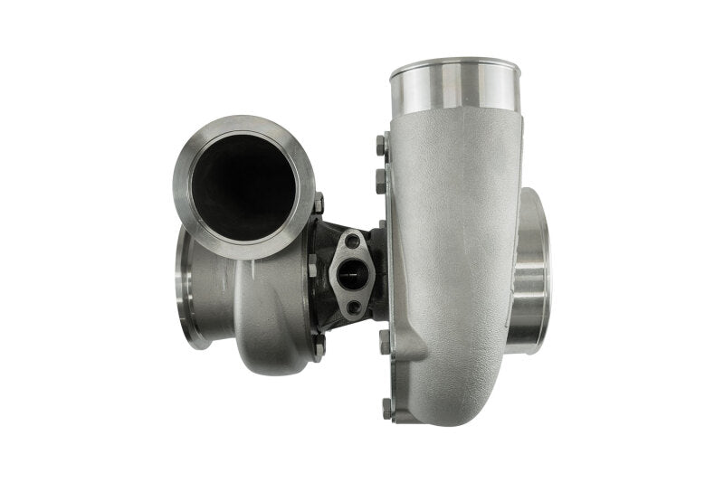 Turbosmart TS-1 5862 turbocharger, side angle showing V-band compressor and turbine housings with oil ports.