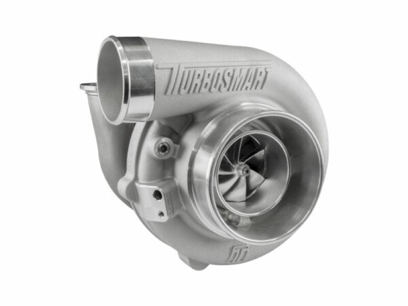 Turbosmart TS-2 5862 turbocharger, front angle view showing compressor wheel, inlet and Turbosmart badge.
