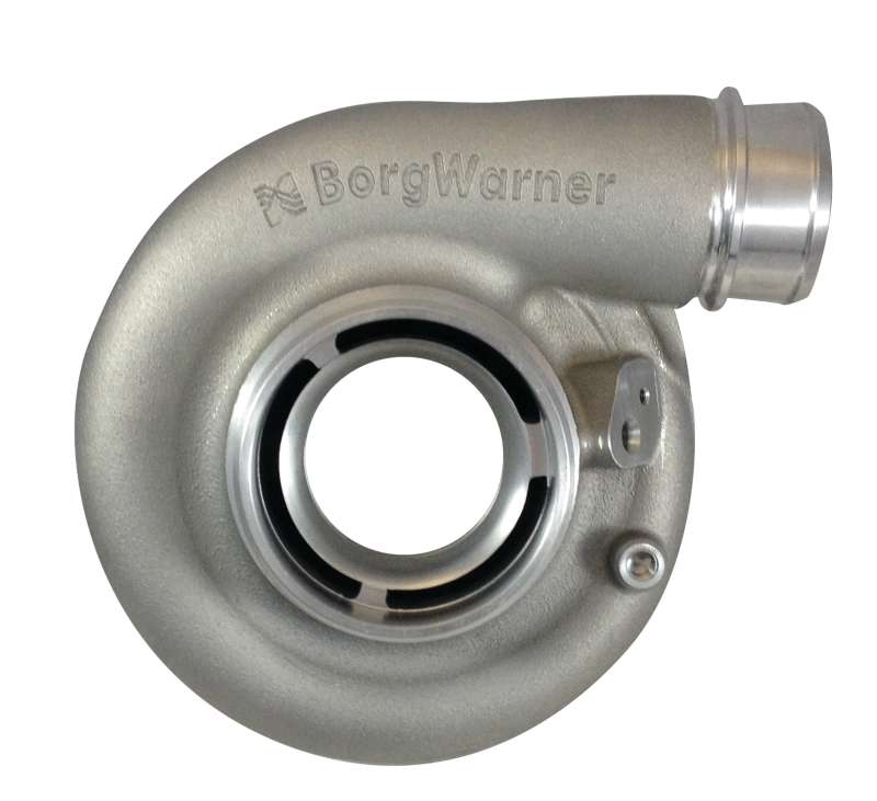BorgWarner Compressor Cover B1 EFR turbo housing, side angle view showing inlet, outlet and BorgWarner logo
