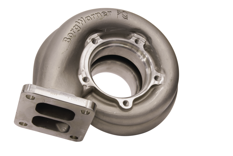 BorgWarner S500SX turbine housing, 1.45 A/R T6 flange, angled view showing volute and bolt holes
