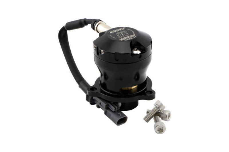 Turbosmart Kompact EM dual port BOV, front angle, black housing, wired sensor, mounting bolts included