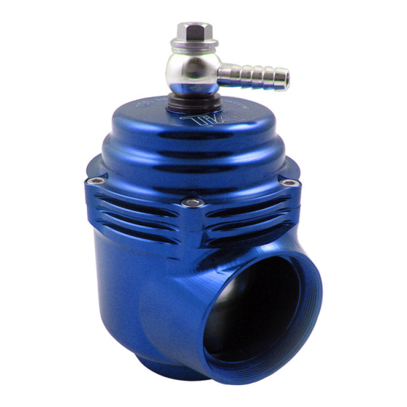 TiAL Sport QRJ BOV 1.5 PSI blue anodized blow off valve, angled view showing hose barb fitting and inlet flange