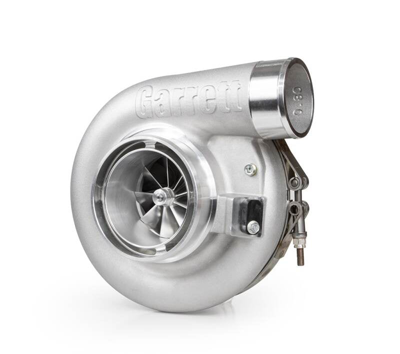 Garrett G40-1250 G-Series II Super Core turbo, side angle view showing compressor wheel, housing and oil fittings