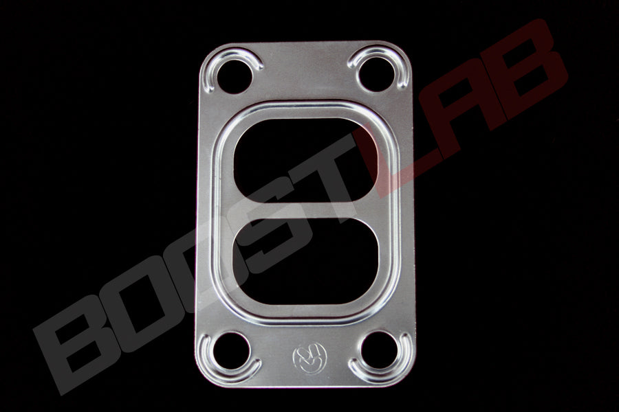Boost Lab T3 divided turbine gasket, stainless steel, dual oval ports, four corner bolt holes