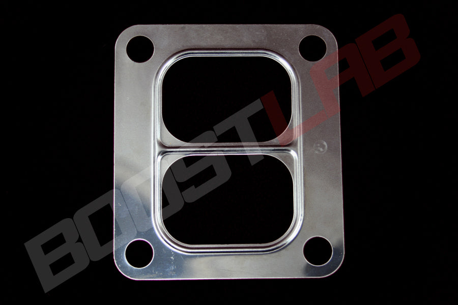 Boost Lab T4 divided inlet turbo gasket, flat metal plate with dual ports and four bolt holes.
