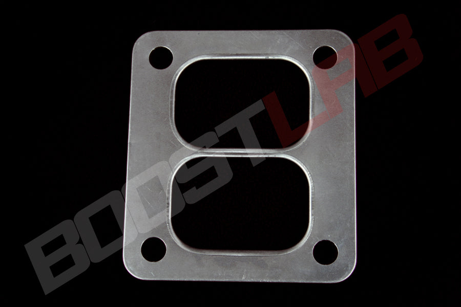 Boost Lab T4 divided inlet turbo gasket, thick metal plate with dual oval ports and four bolt holes