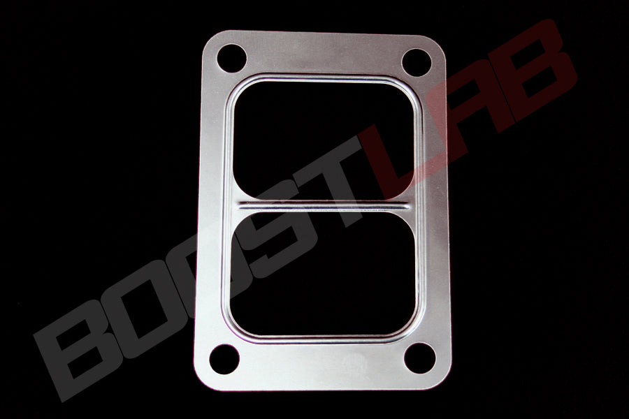 T6 divided inlet gasket, flat rectangular plate with two openings, four corner bolt holes, front view
