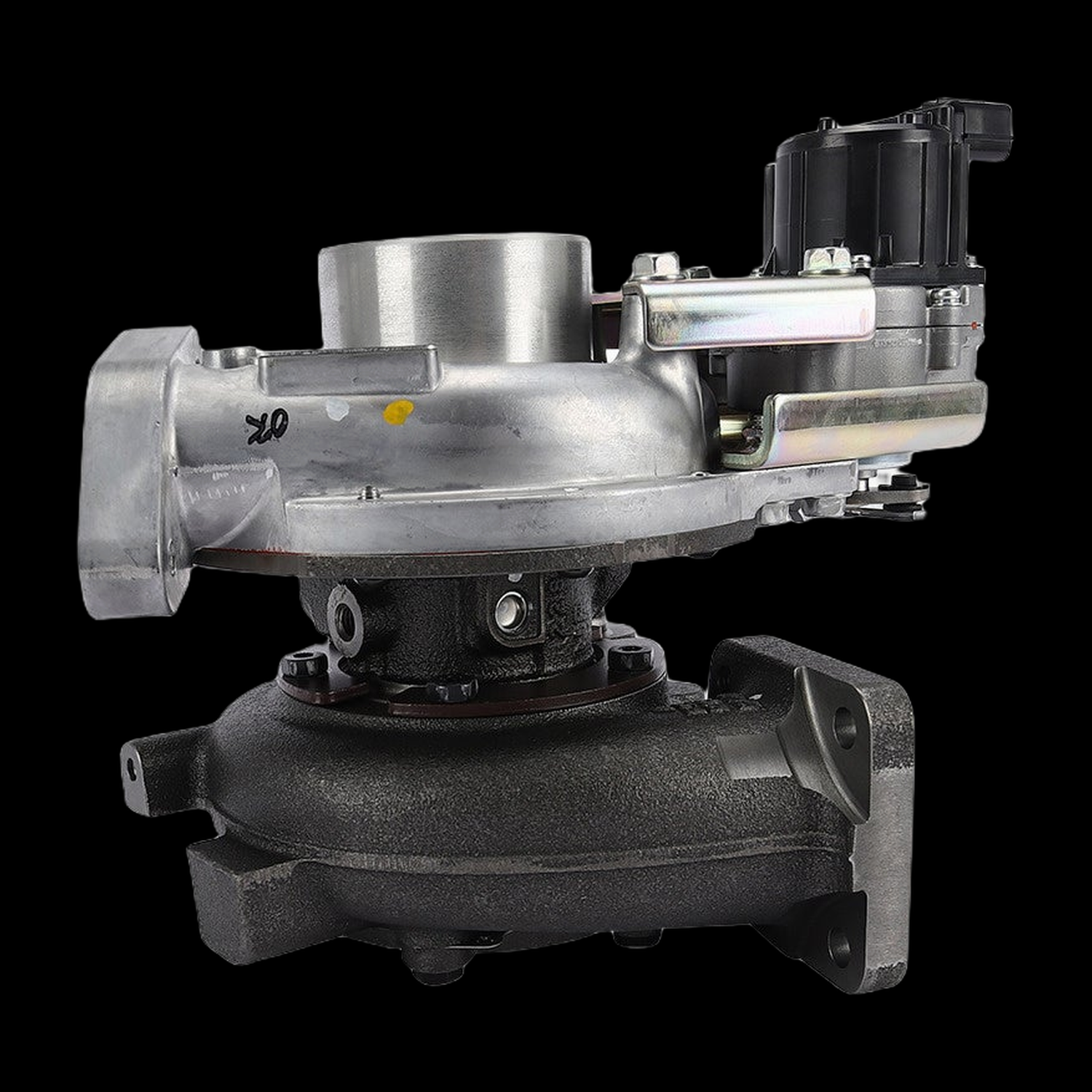 IHI F58VED-S0026B turbocharger, side angle view showing compressor housing, actuator, and mounting flange