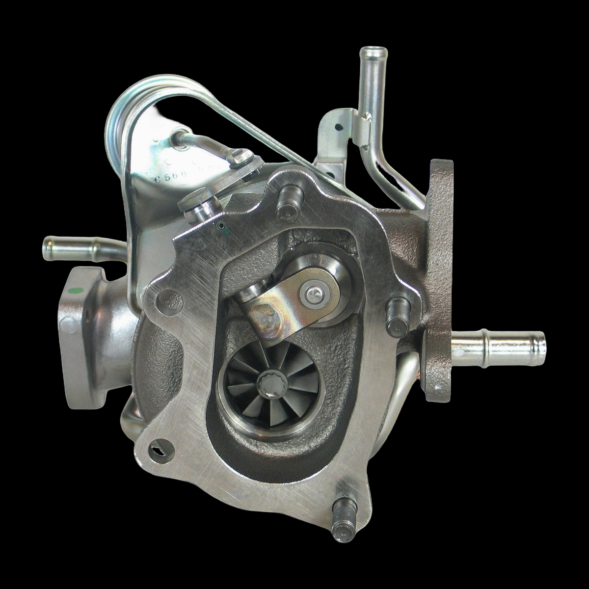 IHI VF40 turbocharger, front view showing turbine wheel, coolant fittings, and actuator, for Subaru Legacy GT