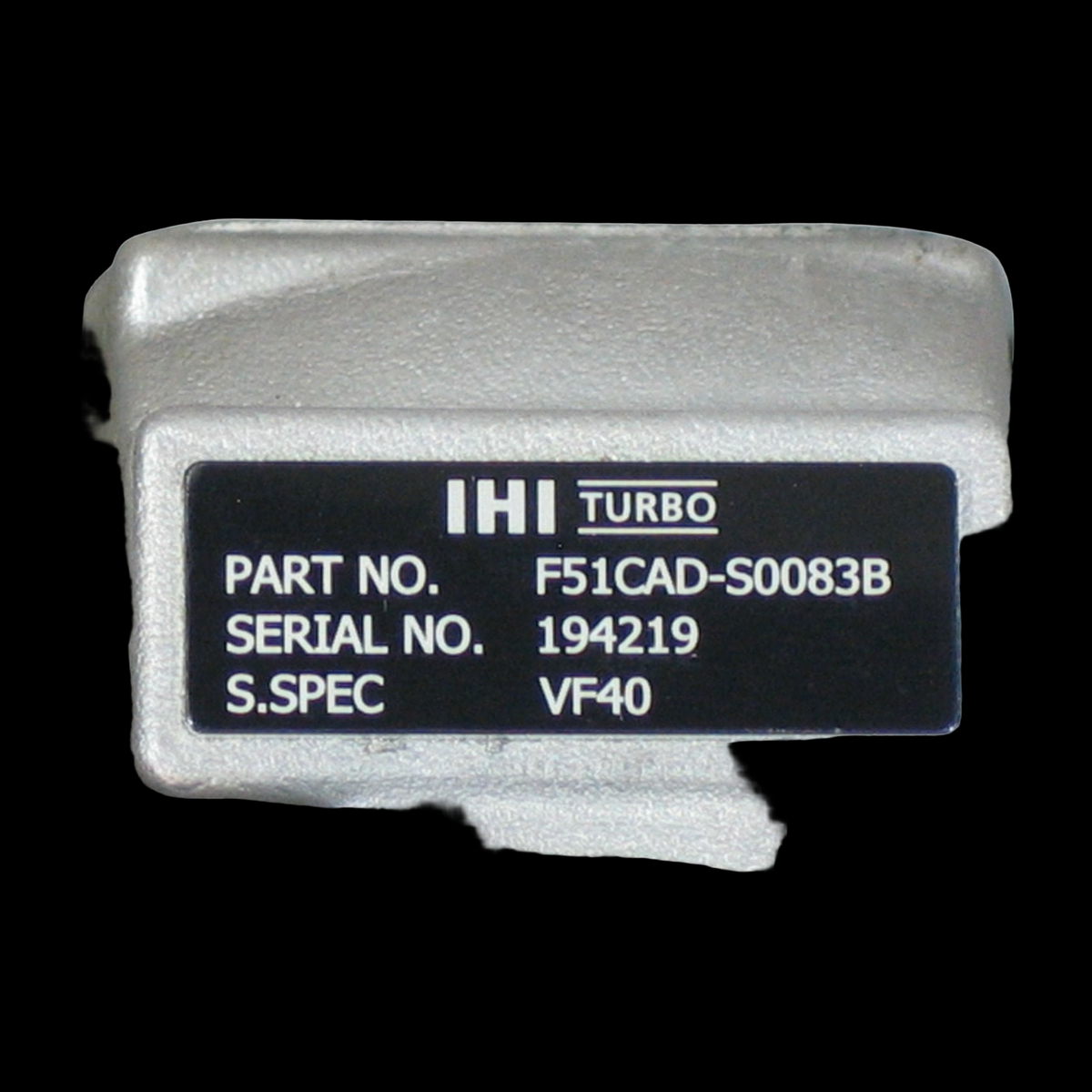IHI VF40 turbo close up of the ID label showing part number, serial number, and S.SPEC VF40