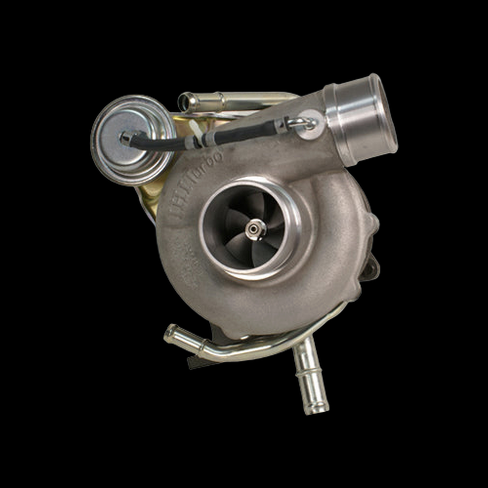 IHI VF43 turbocharger for 2007 Subaru STI, front angle view showing compressor housing, wastegate actuator and coolant lines