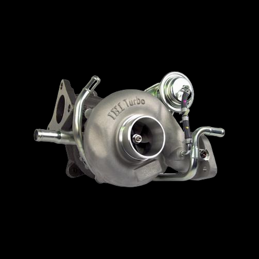 IHI VF52 turbocharger for 2009-2013 Subaru WRX, front angle view showing compressor housing, oil lines and fittings