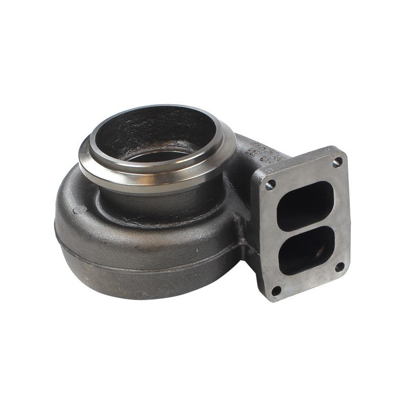 BorgWarner Airwerks S510C turbine housing, angled view showing divided T4 inlet flange and volute outlet