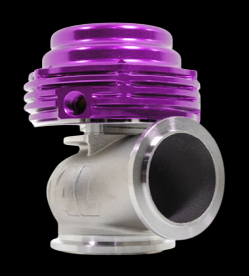 TiAL Sport MVS 38mm wastegate in purple, side angle showing cast body, inlet flange and top cap.