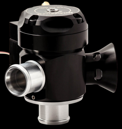 GFB Deceptor Pro II blow off valve, black anodized body, side view showing 25mm inlet and outlet ports
