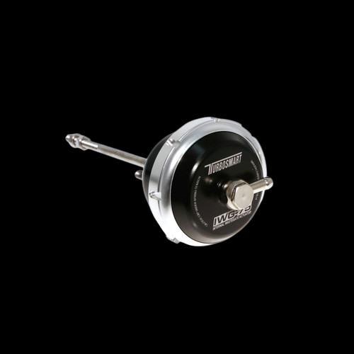 Turbosmart IWG75 black internal wastegate actuator, angled view showing rod and adjustable arm.