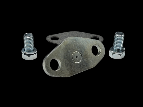 GT42/G42 oil feed flange with gasket and two hex bolts, front angled view on black background