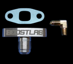 Boost Lab T3/T4 turbo oil fitting kit: billet -10AN drain flange, gasket, and brass 90 degree elbow fitting.