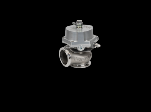 Garrett GVW-45 45mm wastegate kit in silver, side angle showing top actuator and flanged inlet