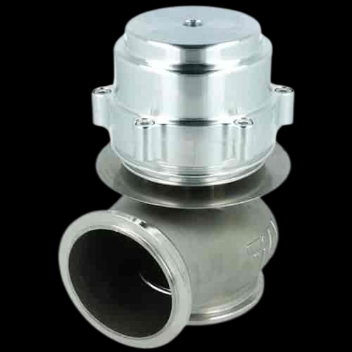 TiAL Sport V50 wastegate, 50mm, silver top cap, angled view showing inlet flange and body.