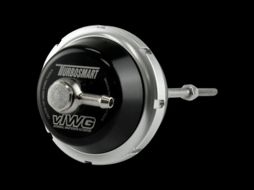 Turbosmart vIWG actuator for Borg Warner 57mm turbo, front angle showing nipple fitting and threaded rod